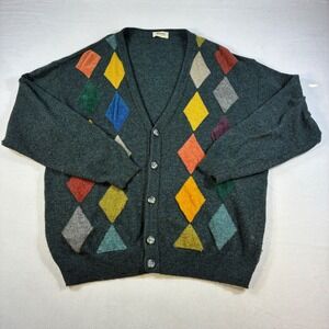 Vintage Hugo Boss Argyle Cardigan Sweater Wool Made in Austria 90s Oversized